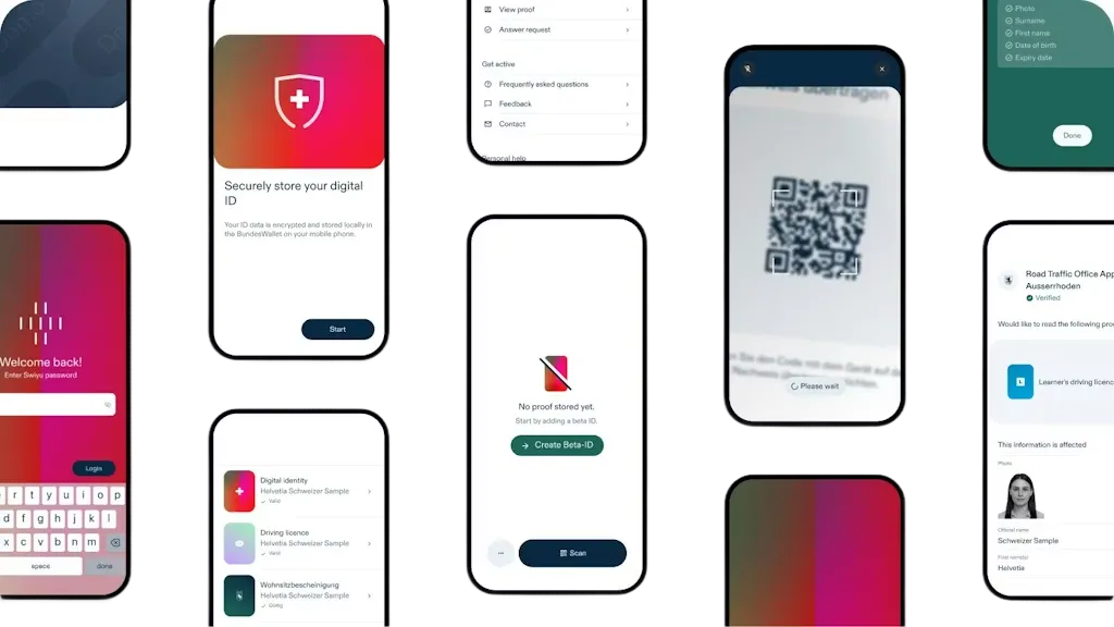 Depiction of several phone screens showcasing the Swiss Public Beta Infrastructure