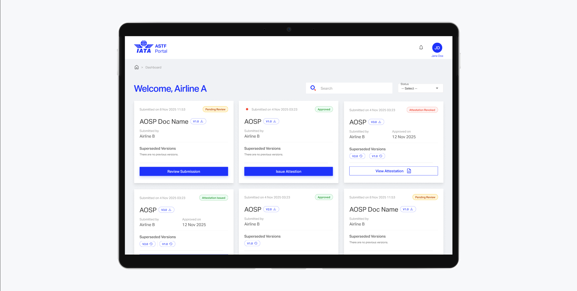 Screenshot of the ASTF portal which allows for management of documents